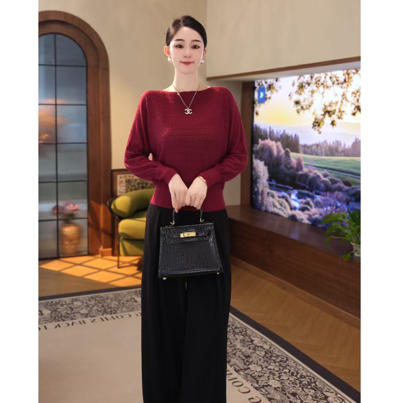 2025年秋冬新款【7947】含绵羊毛长袖高级感气质轻奢红色针织毛衣女