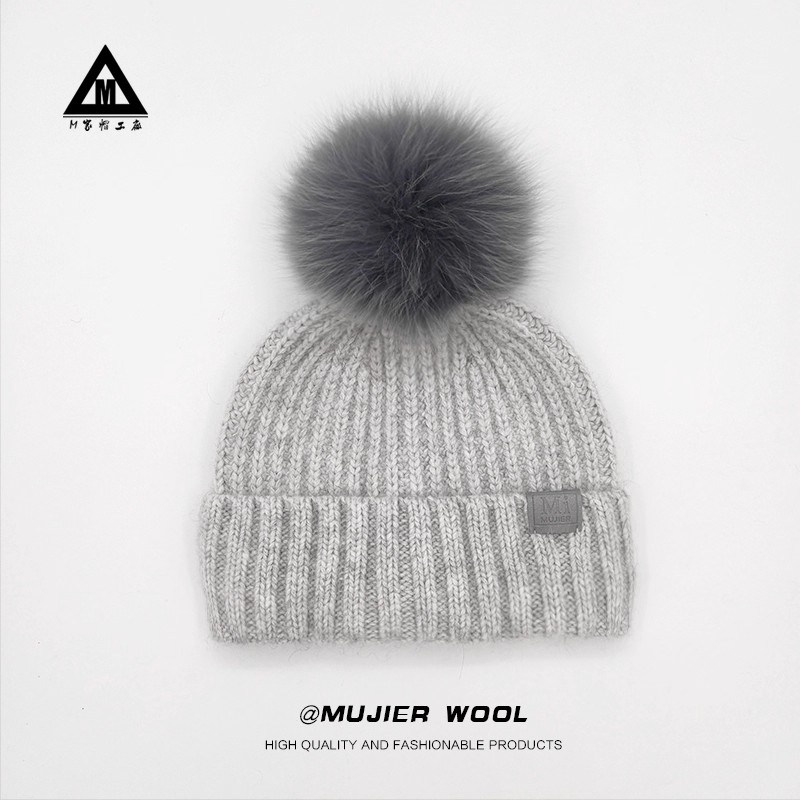 冷帽套头帽极简粗线针织帽子女秋冬保暖护耳百搭狐狸毛球毛线帽男