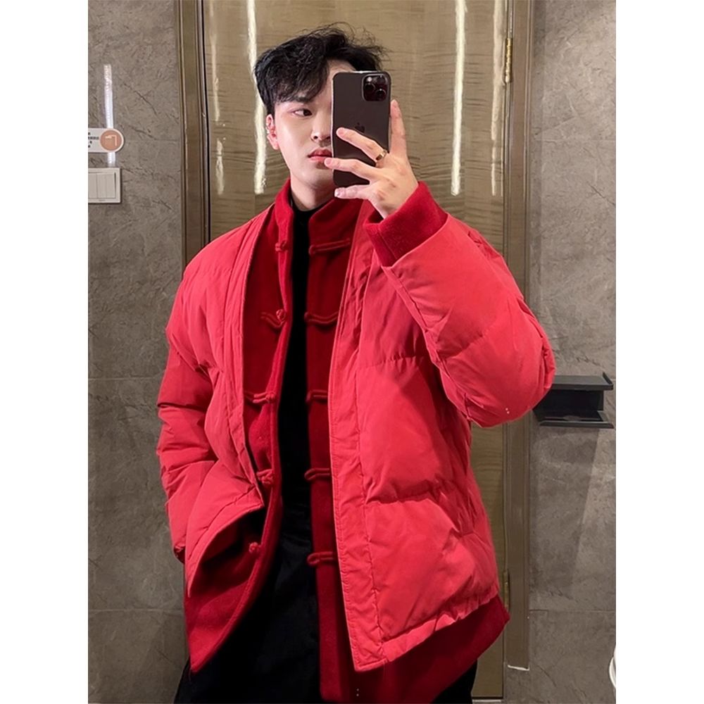 红色新中式国风假两件棉服男款冬季拼接盘扣冬季男士防水立领棉服