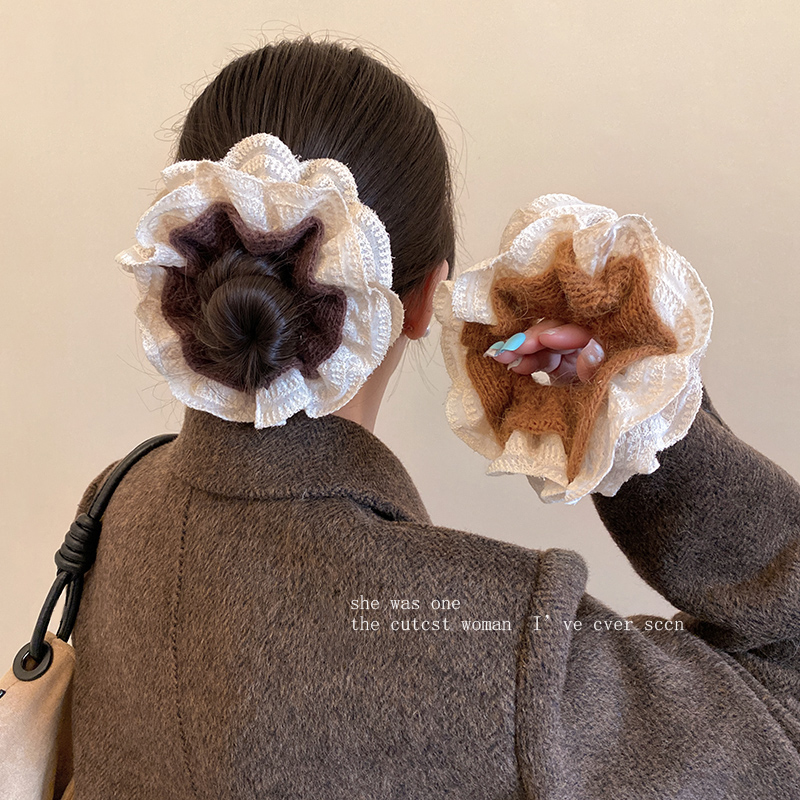 韩系慵懒风毛线针织蕾丝花边双层大肠发圈女扎头发丸子头发绳头绳