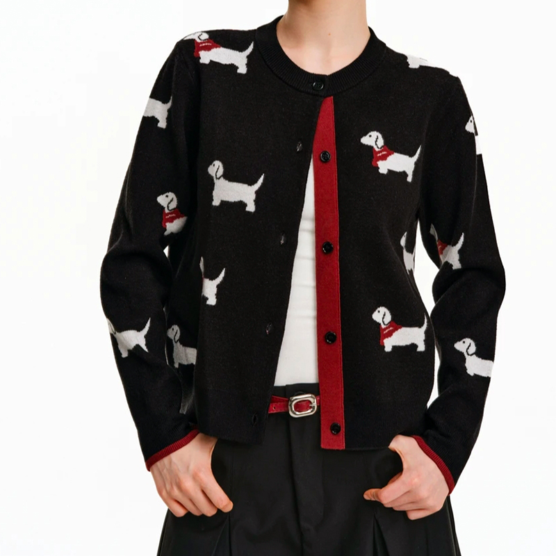 满印提花小狗针织开衫毛衣外套女百搭显瘦圆领气质长袖上衣cx7891