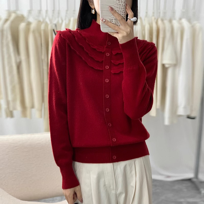 欧货木耳花边半高领打底衫假开衫2025春秋新款安可拉红针织毛衣女