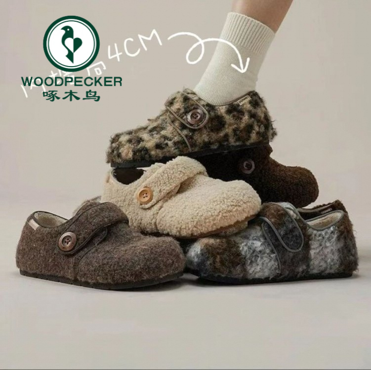 啄木鸟2025秋冬勃肯加绒棉鞋毛毛鞋羊毛卷时尚百搭厚底拼色女鞋