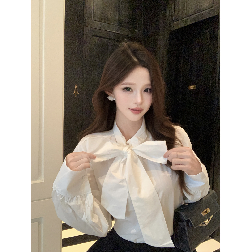 秋季新款法式复古气质修身显瘦白色上衣女衬衣蝴蝶结设计长袖衬衫