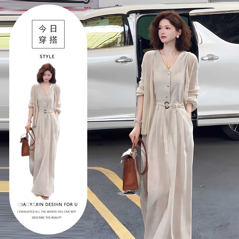 秋季流行穿搭精致时尚高级感气质宽松长袖开衫显瘦连衣裙两件套装