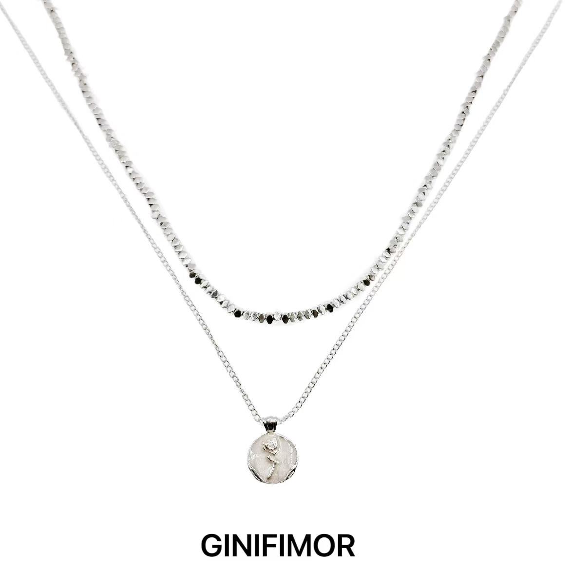 GINIFIMOR 铜合金项链 a691 双层玫瑰花碎银子叠戴百搭颈链锁骨链