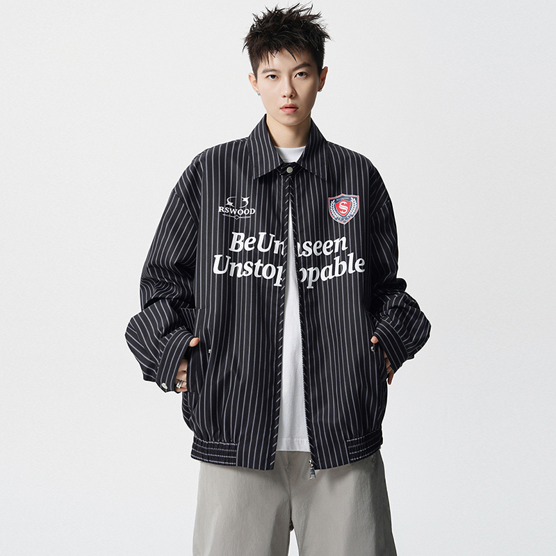 cleanfit美式复古外套男女秋季宽松休闲条纹棒球服情侣装翻领夹克