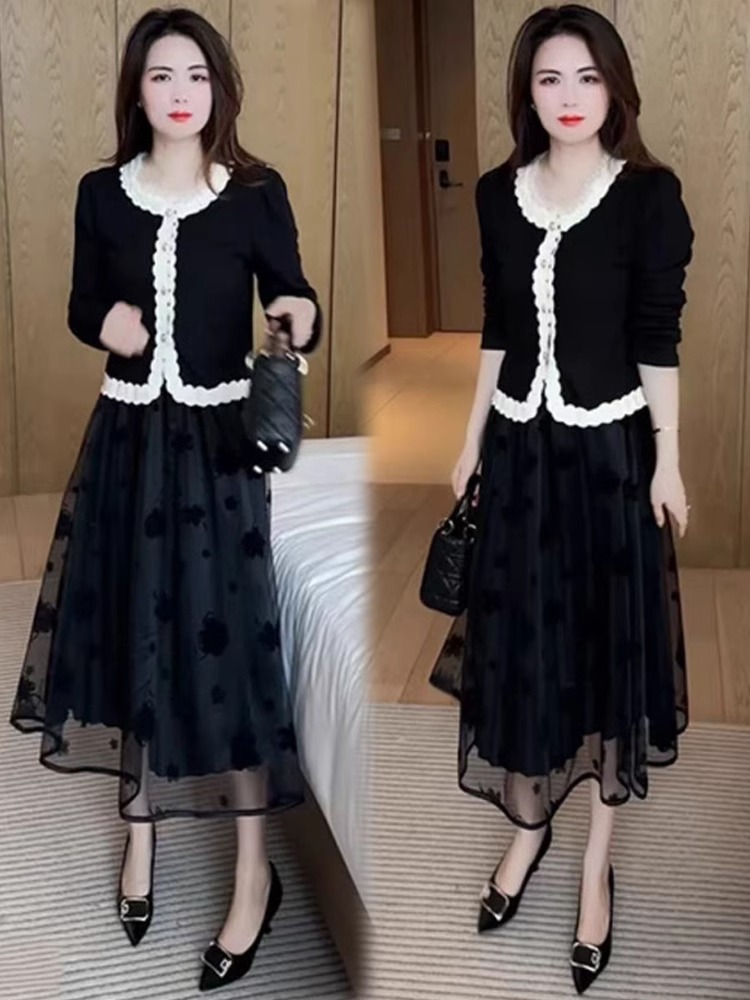 时尚套装裙女2025秋季新款时髦洋气长袖T恤网纱半身裙气质两件套