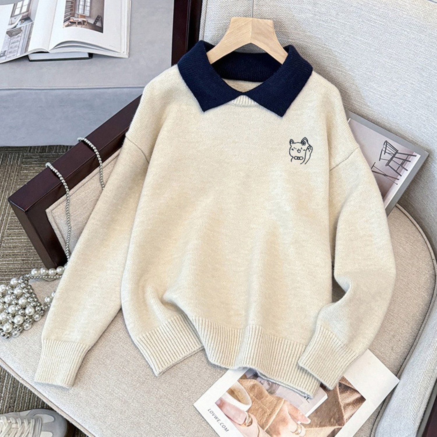 韩版Polo领初中生毛衣12岁女孩13秋冬装15少女大童内搭保暖打底衫