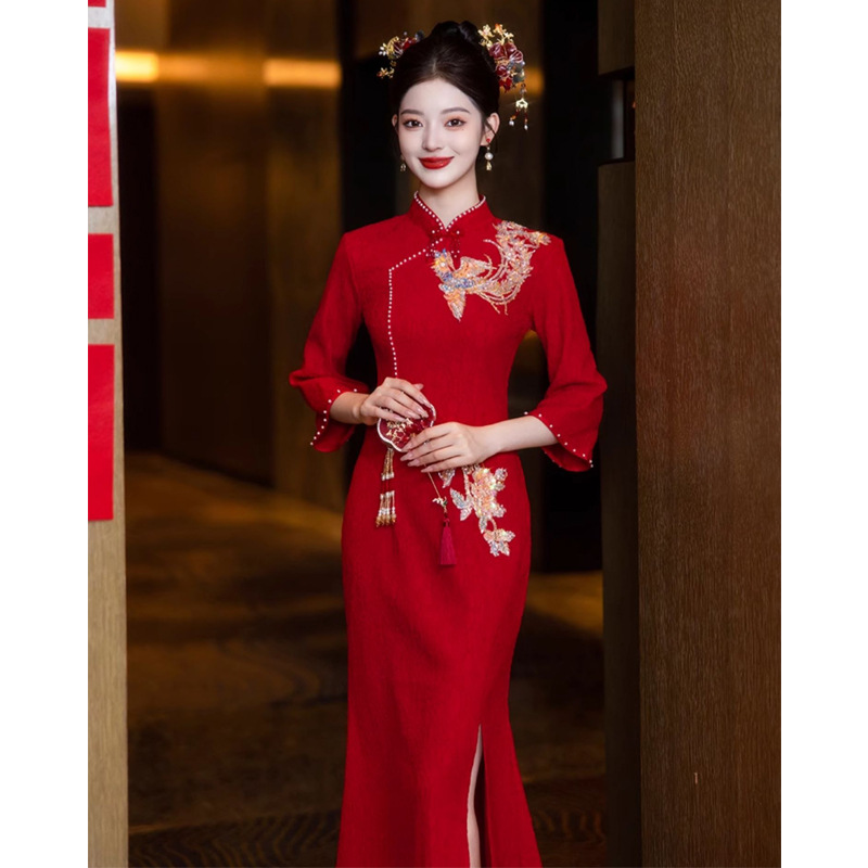 敬酒服新娘高级感红色结婚鱼尾旗袍订婚礼服新中式2024新款小个子