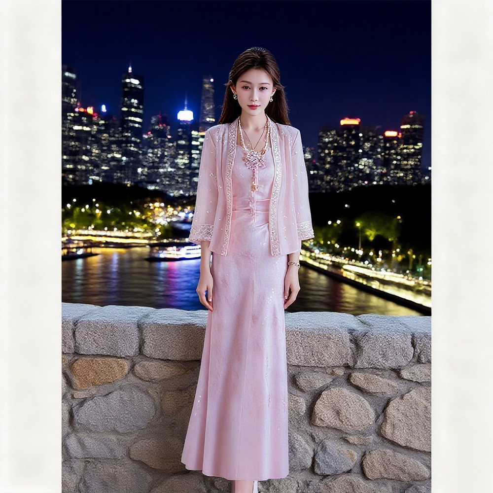 新中式粉色重工设计感吊带裙开衫套装初秋新款女装两件套装