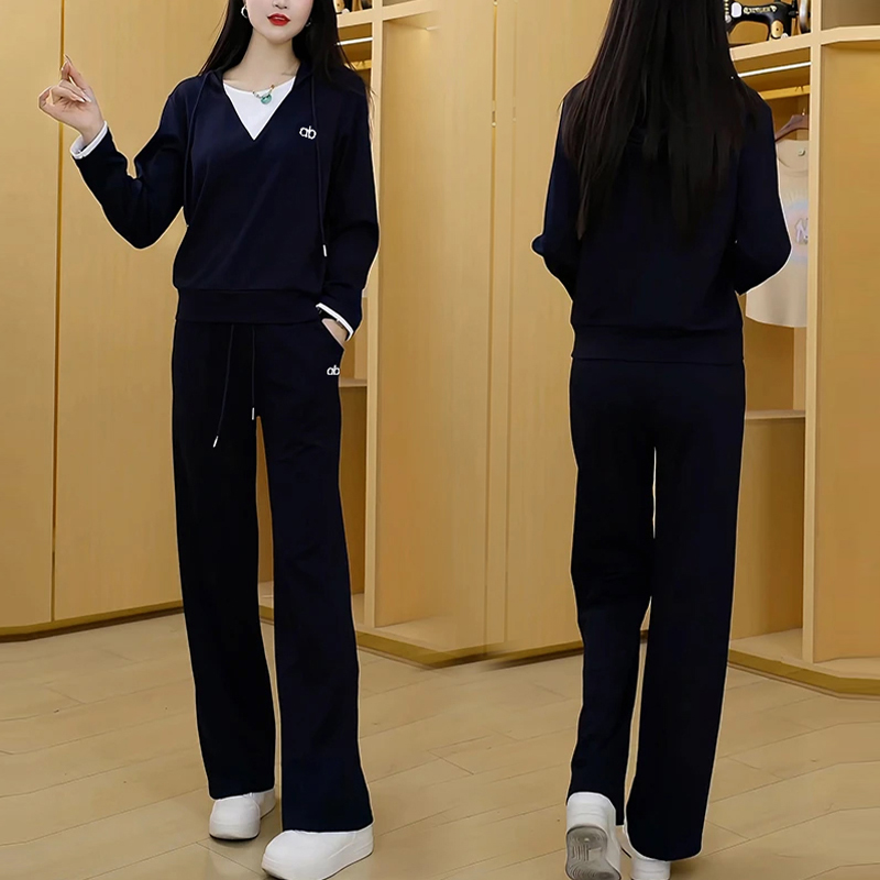 高含棉休闲拼接套装女2025年春秋新款高级感减龄上衣休闲裤两件套