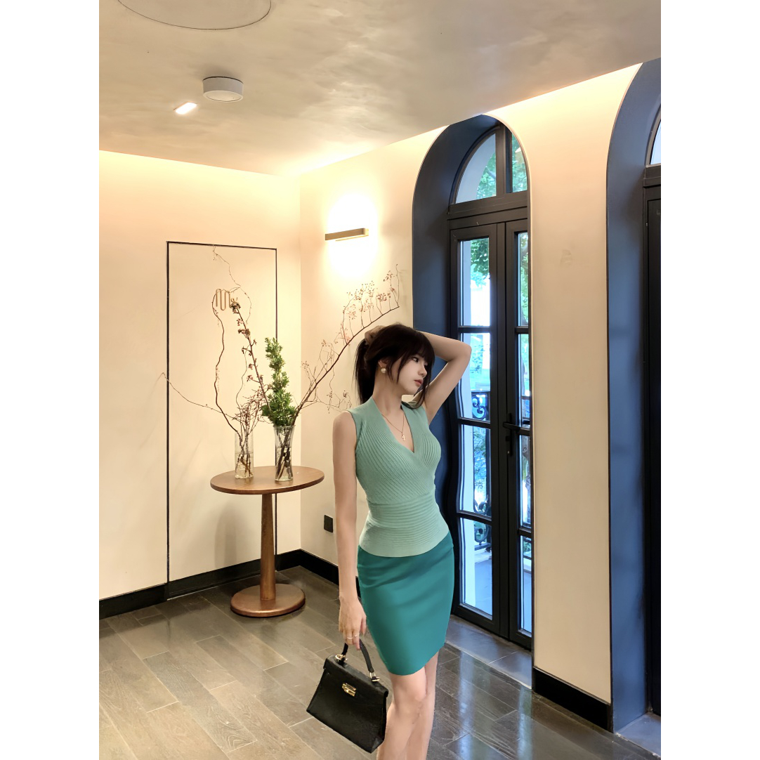 气质名媛套装女性感V领螺纹针织背心绷带针织半身裙一步裙两件套