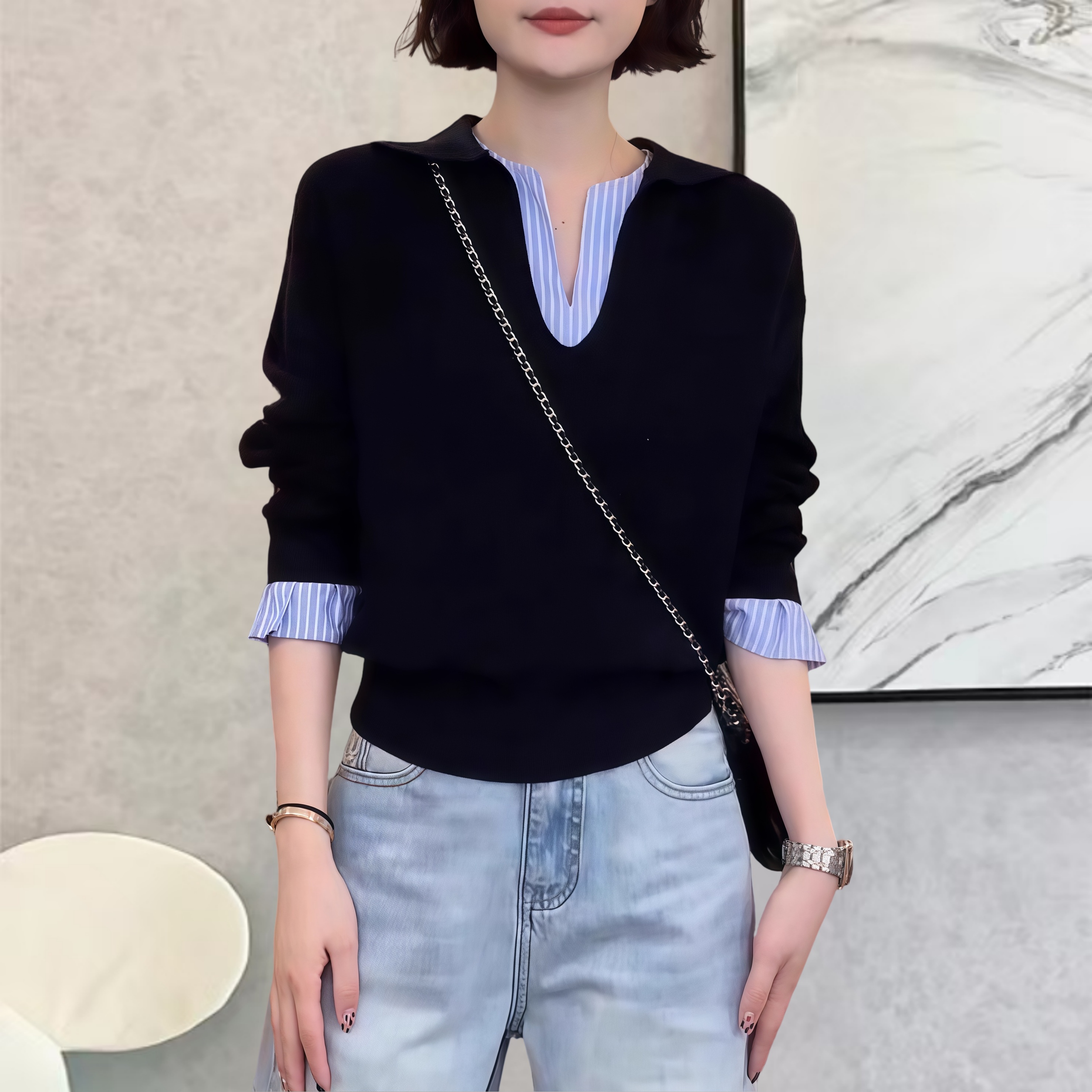 设计感假两件撞色拼接针织衫2025早春时尚小众气质减龄百搭上衣