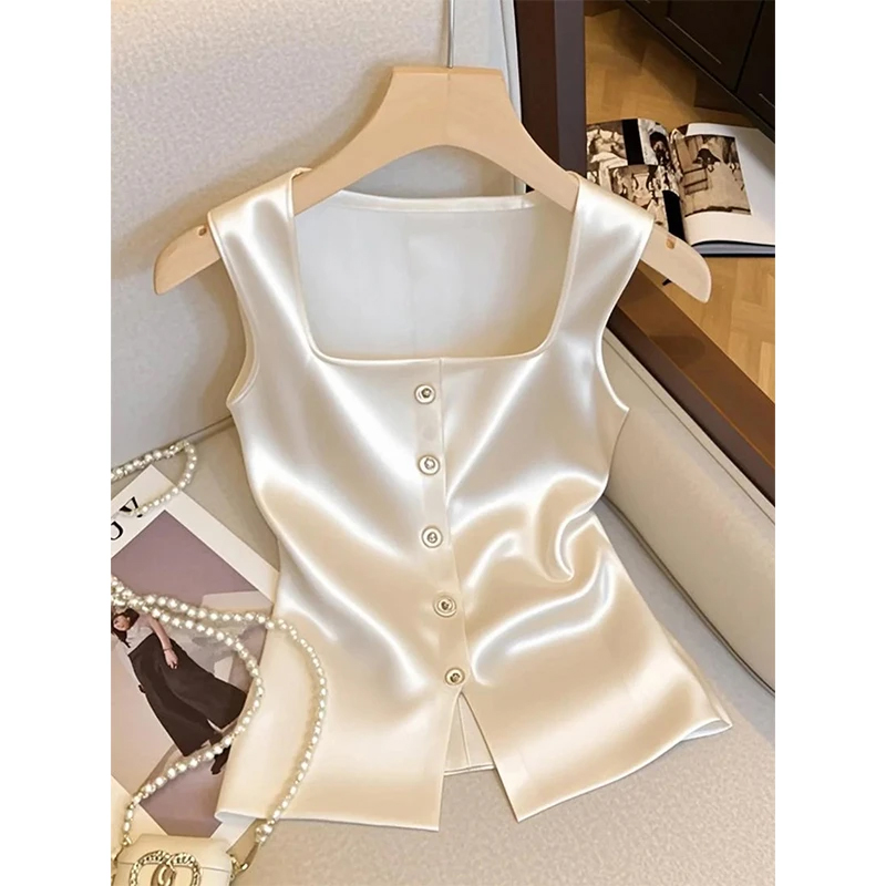 法式小香风方领纽扣缎面无袖背心吊带女夏季新款时尚百搭黑色上衣