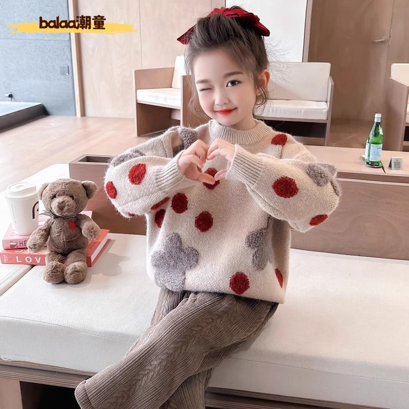 齐齐熊冬特惠【断码】女童毛衣2025冬季加厚圆领套头针织衫女宝宝时