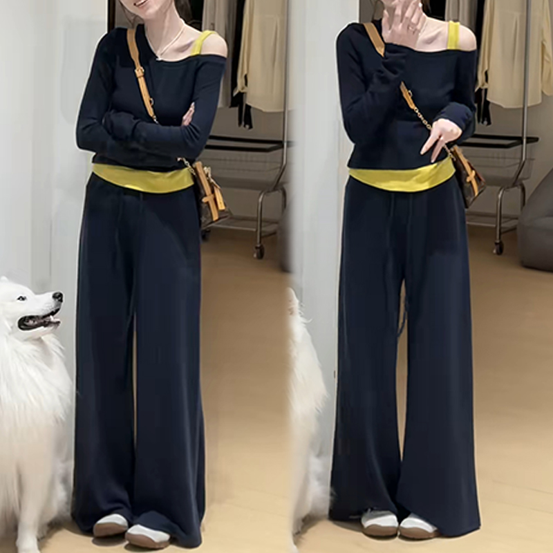 纯欲慵懒风时尚套装女2025春秋新款露肩长袖针织t恤阔腿裤两件套