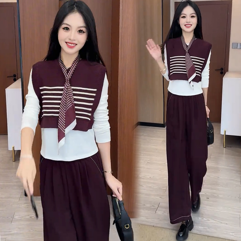 时尚套装女2025秋季新款洋气显瘦马甲上衣打底衫阔腿裤三件套潮