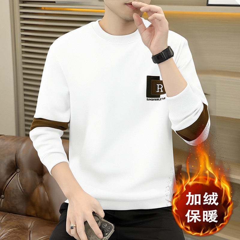 拼接保暖上衣秋冬新款潮流加绒加厚卫衣男百搭休闲圆领内搭打底衫