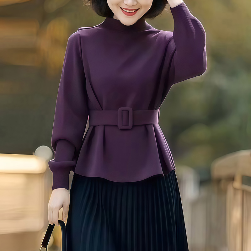 SJ-KS韩系气质百搭针织衫长袖秋冬新款腰带设计感收腰上衣女装