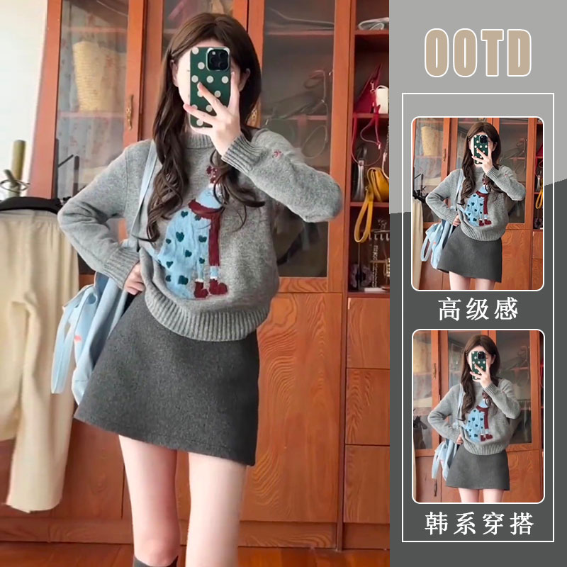 美式复古女秋季新款慵懒高级感软糯宽松套头上衣短款半身裙两件套