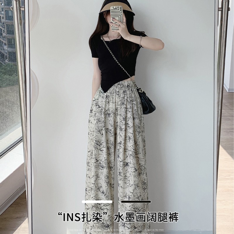 冰丝阔腿裤女2025夏季薄款复古水墨印花休闲宽松高腰垂感拖地裤子