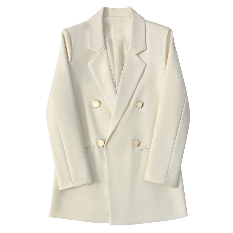 绿色金属扣韩版2024春秋新款奶白色西装外套女休闲百搭高级感西服