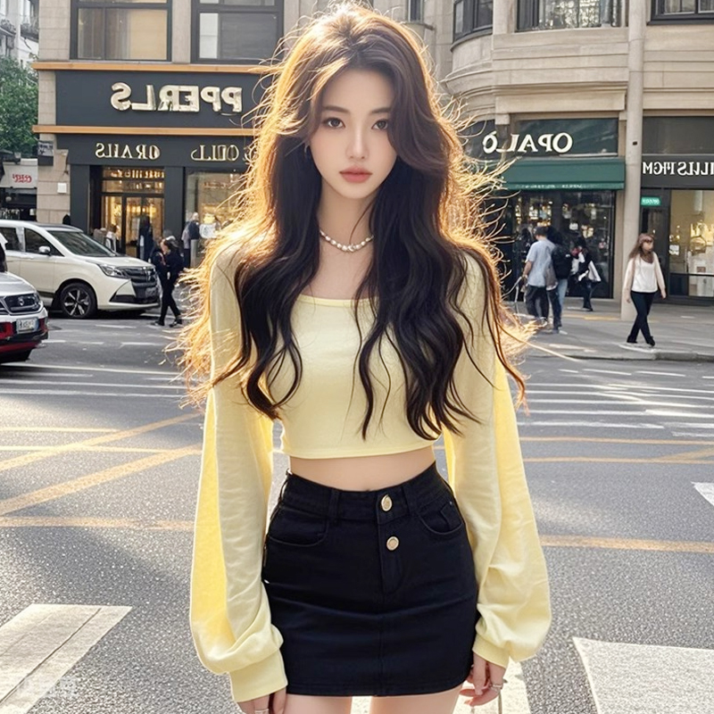 欧若风小个子穿搭女装t恤春秋新款高级感辣妹短款外穿灯笼袖上衣