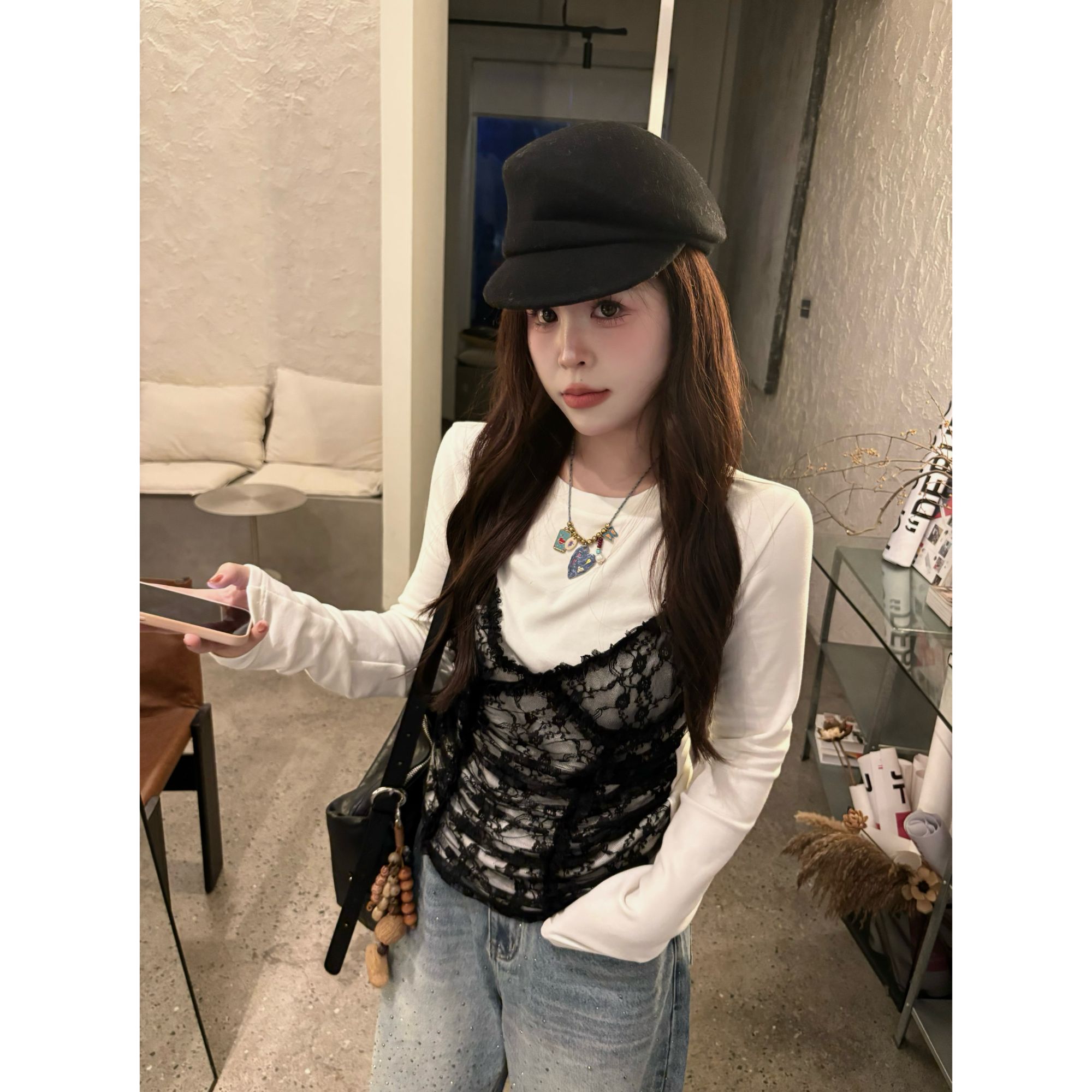 晶咕【浪漫邂逅】宽松显瘦蕾丝拼接假两件长袖T