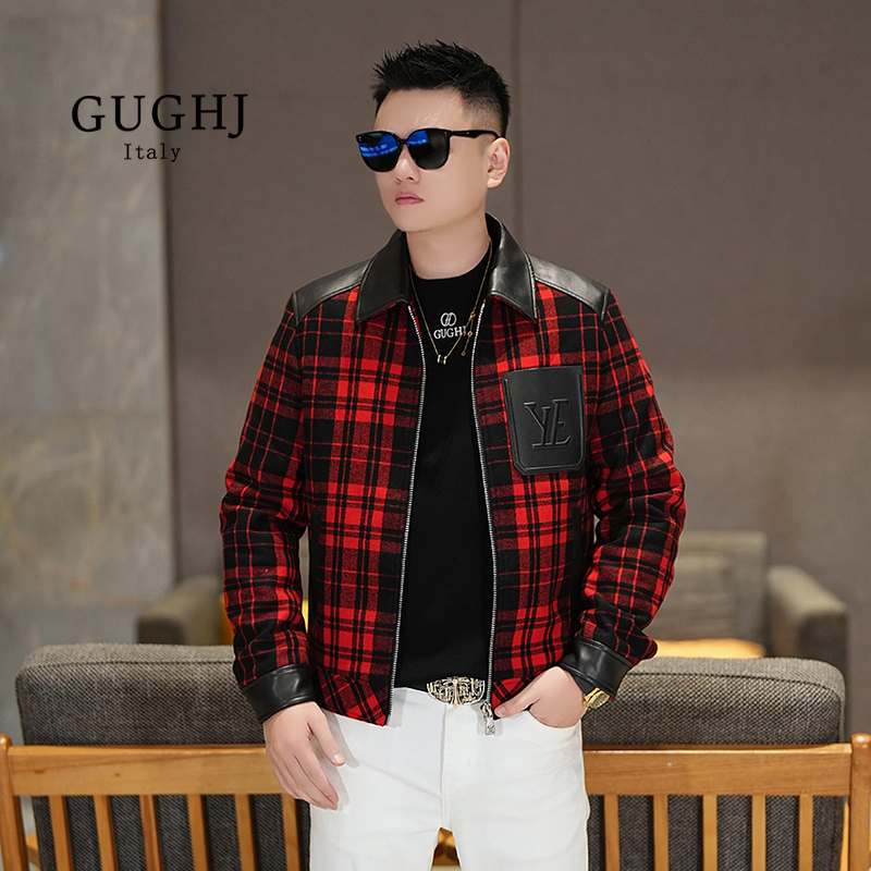 男士冬季新款羊毛混纺翻领格子夹克潮牌休闲百搭真皮拼接短款外套