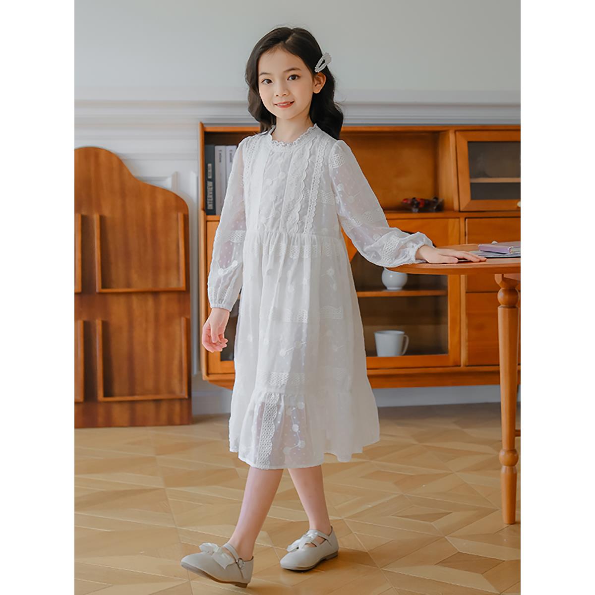 FAVMARTHA中大女孩白色长袖连衣裙2025新仙女公主连衣裙女孩时尚