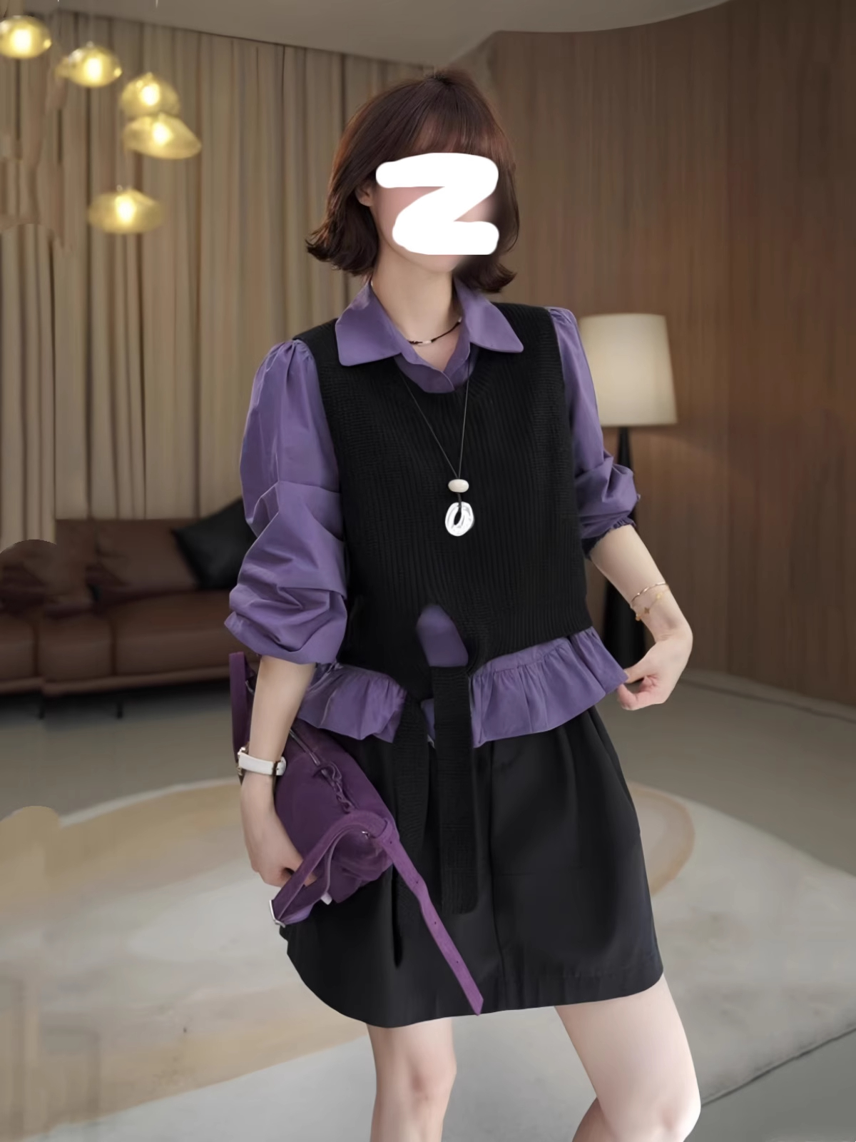 紫色衬衫女2025新款秋季时尚洋气减龄内搭叠穿针织马甲上衣两件套