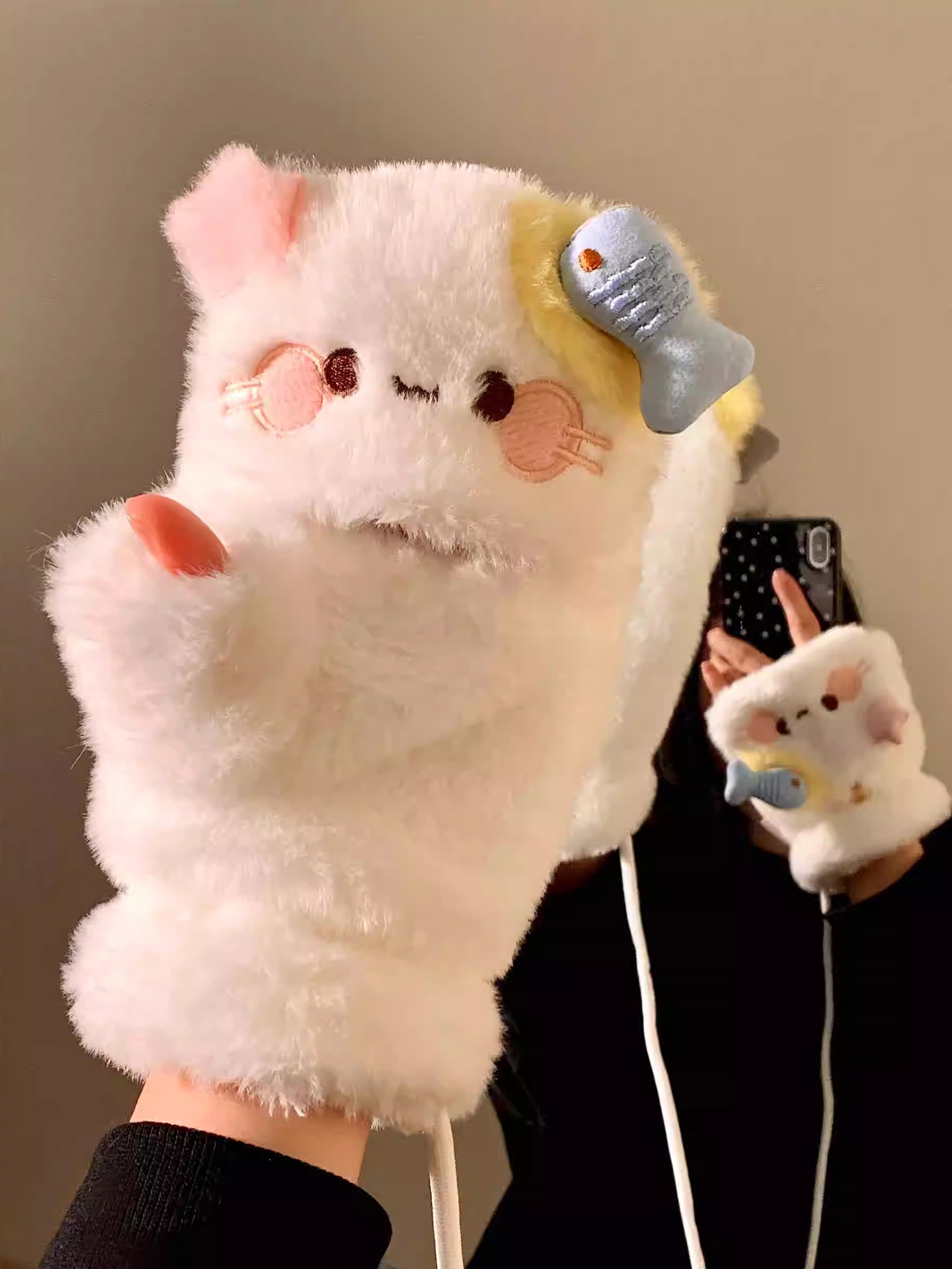 正版授权mikko联名可爱卡通猫咪毛绒手套女秋冬半指翻盖骑行保暖