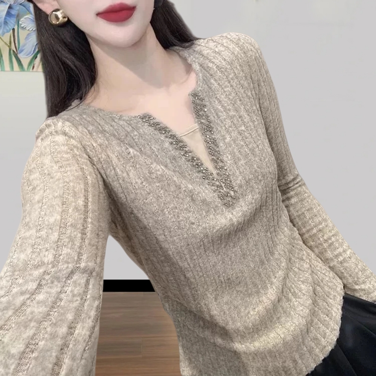 春秋修身拼接V领时尚假两件长袖设计感螺纹打底衫女烫钻百搭上衣