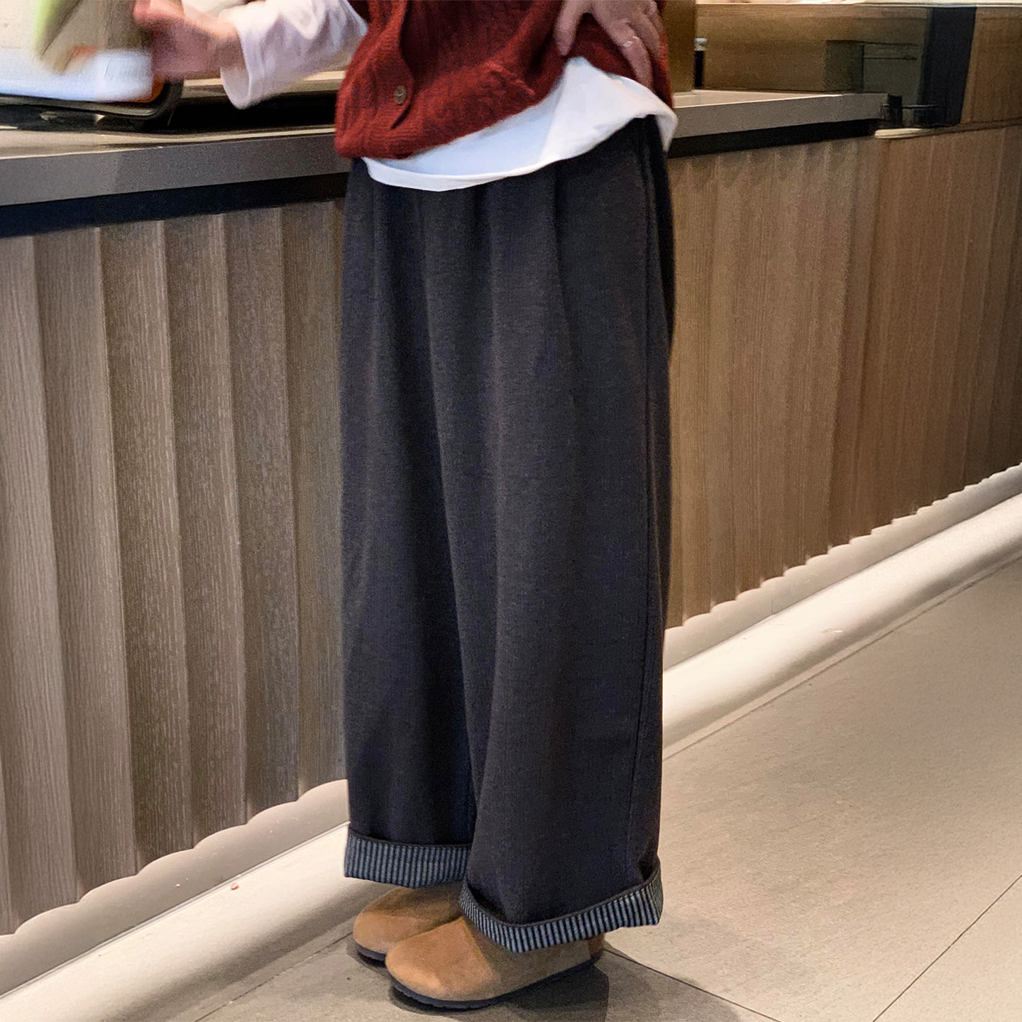 深灰色复古卷边条纹休闲裤女秋季新款胖妹妹mm高腰显瘦毛呢阔腿裤