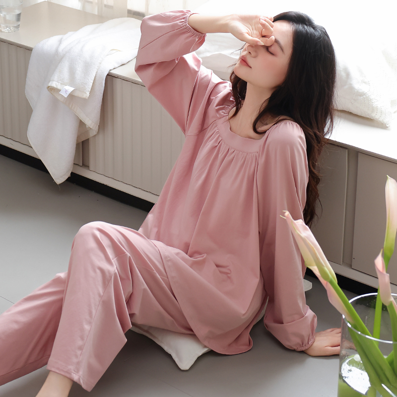 睡衣女春秋纯棉带胸垫可外穿长袖长裤纯色柔软亲肤大码家居服套装