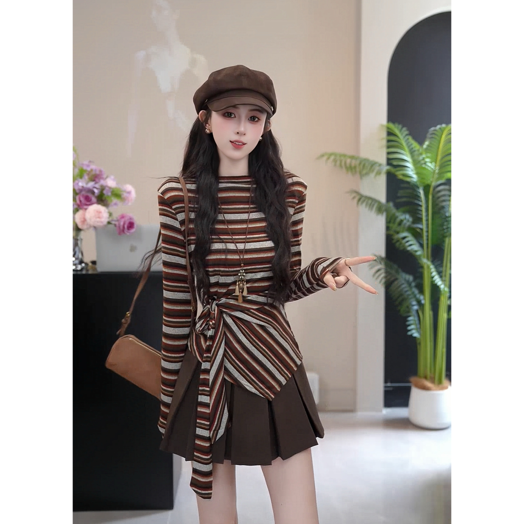 YUANLIANSU【现货】【初弦凉月】法式一字肩绑带条纹长袖T恤女装秋季