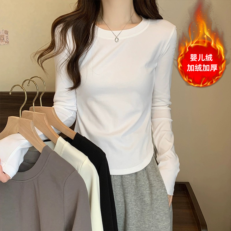 九九加绒/不加绒设计感弧形下摆高腰修身显瘦正肩休闲小众长袖