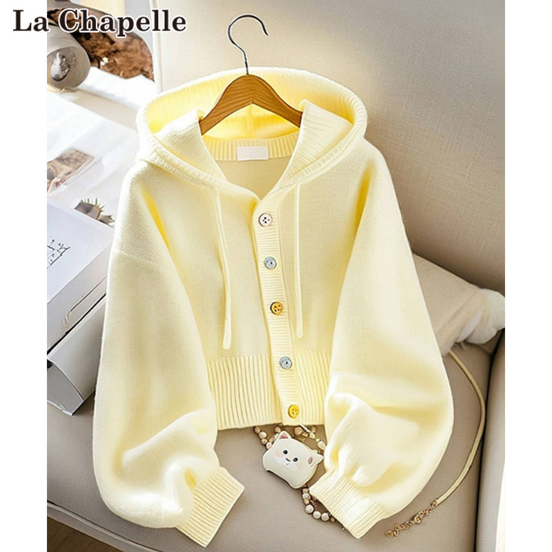 拉夏贝尔嫩黄色短款连帽针织开衫女秋冬高级感时尚慵懒风百搭毛衣