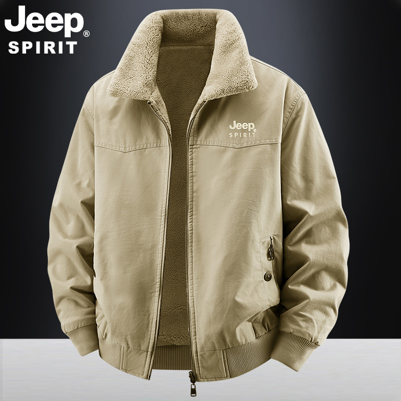 JEEP吉普双面穿加绒外套棉衣男士秋冬季新款纯棉夹克加厚保暖棉服