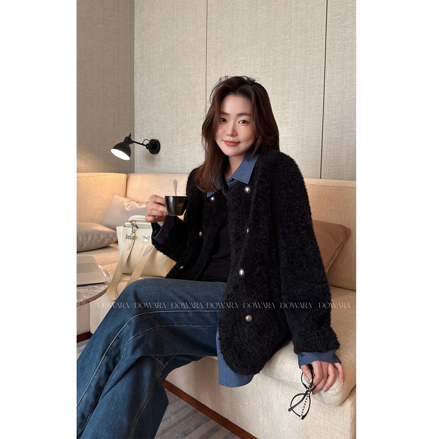 大婉酱微胖定制【定格米兰】法式假两件牛仔拼接毛毛一体外套1266D