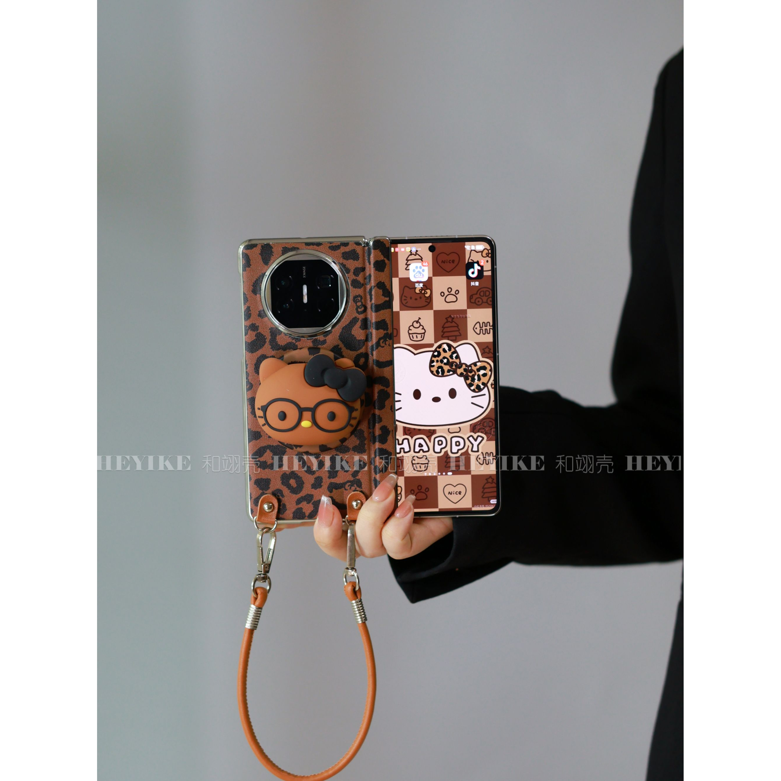 深棕豹纹KT斜挎适用荣耀magicv5手机壳华为mateX6折叠vivoxfold5