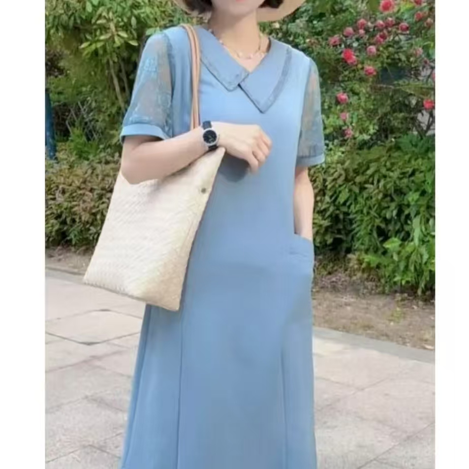 夏季新款设计感绣花蕾丝拼接显瘦法式温柔风翻领连衣裙01