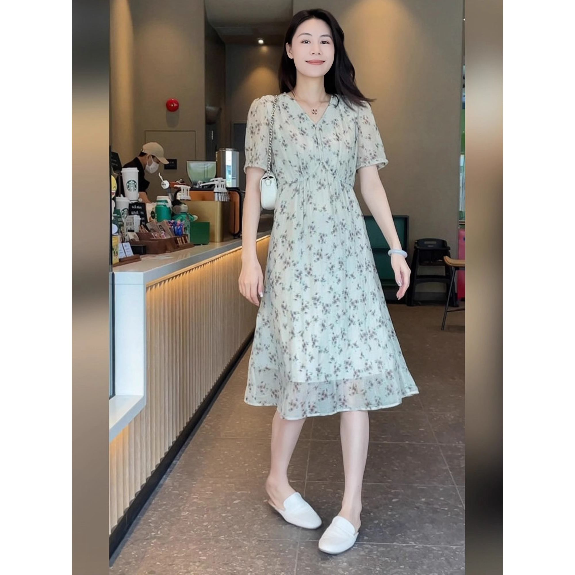 甜美风印花休闲连衣裙女士2025夏季新款时尚收腰短袖A字中长裙子