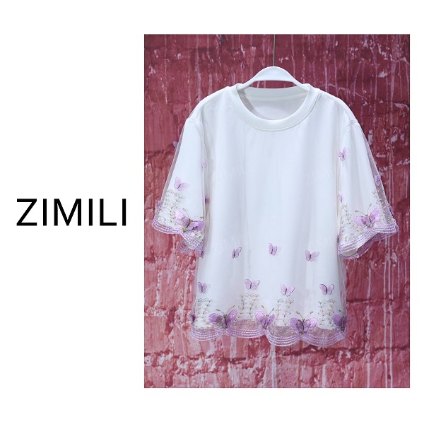 【亮哥女装】2025欧版小众设计师月光白拼接网纱刺绣短袖9396-C5