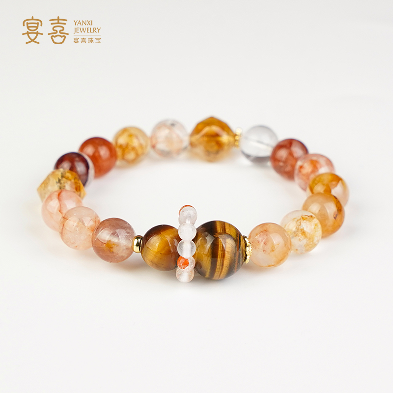 【金运大综合】黄塔晶红胶花水晶黄虎眼手链男女款手串