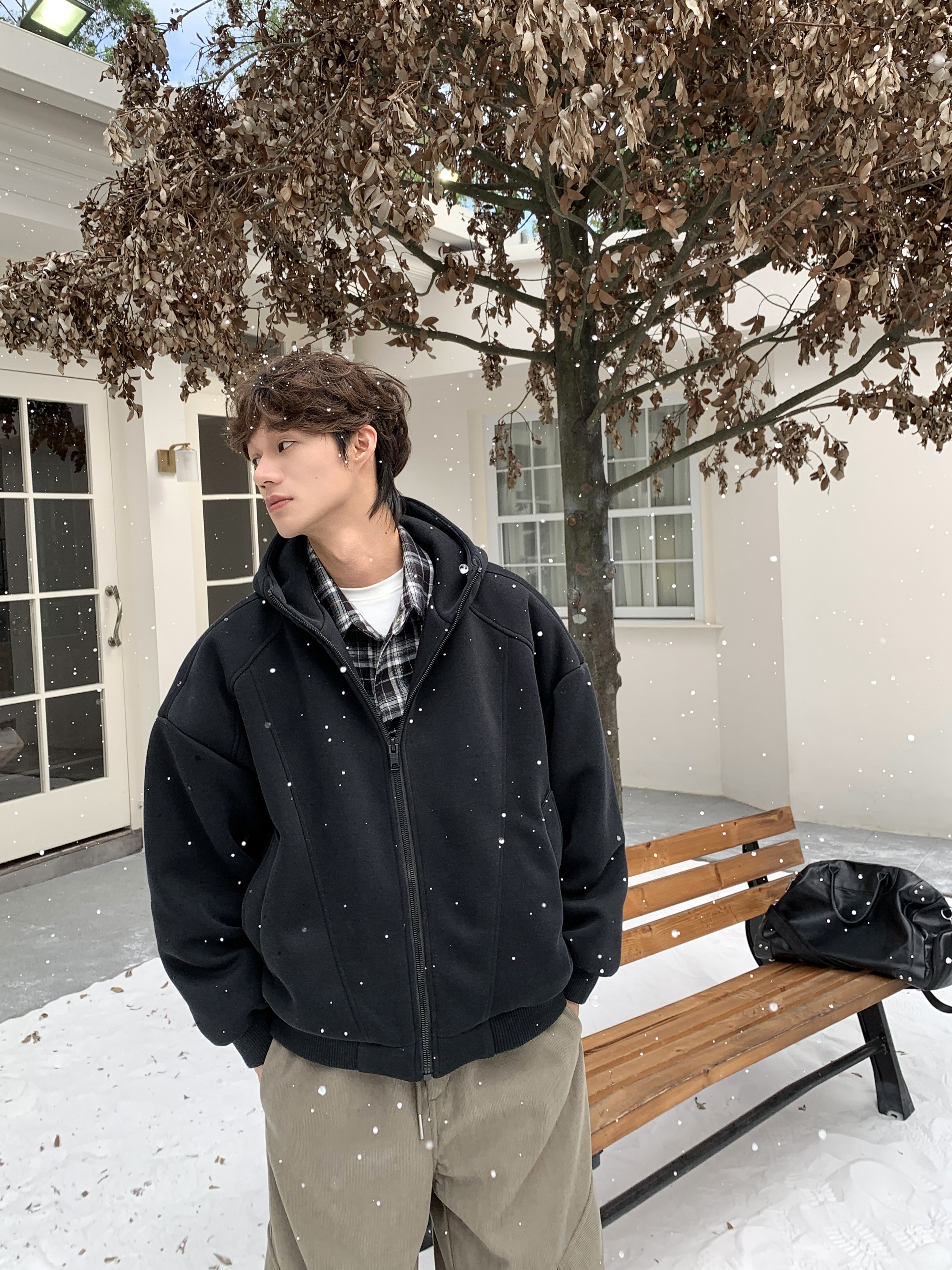 【YIMING】冬季美式国标90白鸭绒针织卫衣连帽百搭假两件羽绒服情侣