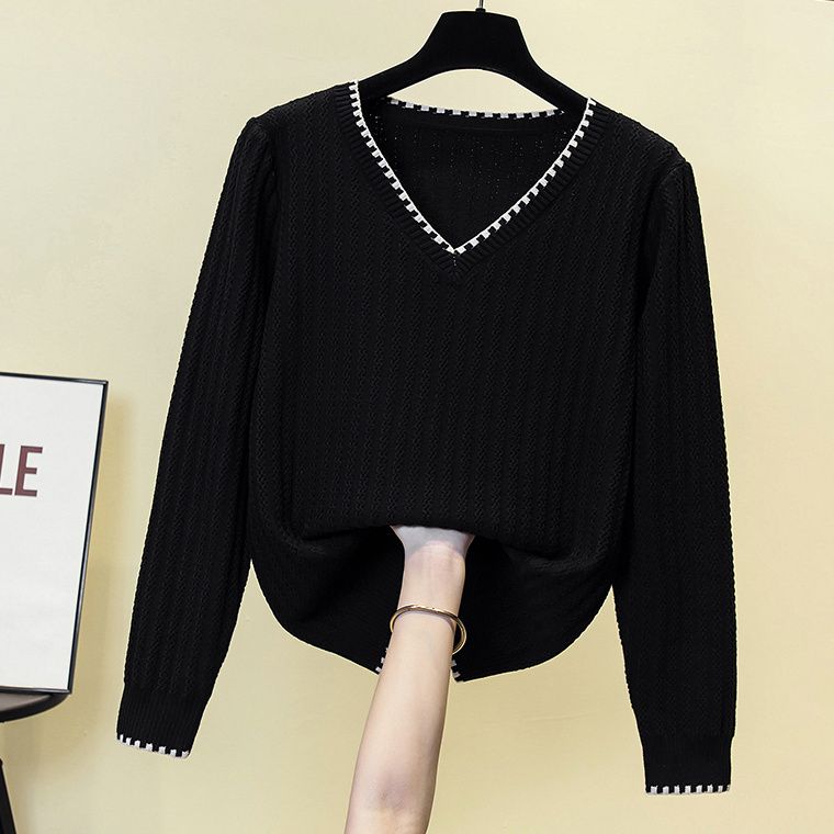 宽松显瘦【80-200斤】V领撞色设计感针织衫女秋冬百搭毛衣打底衫