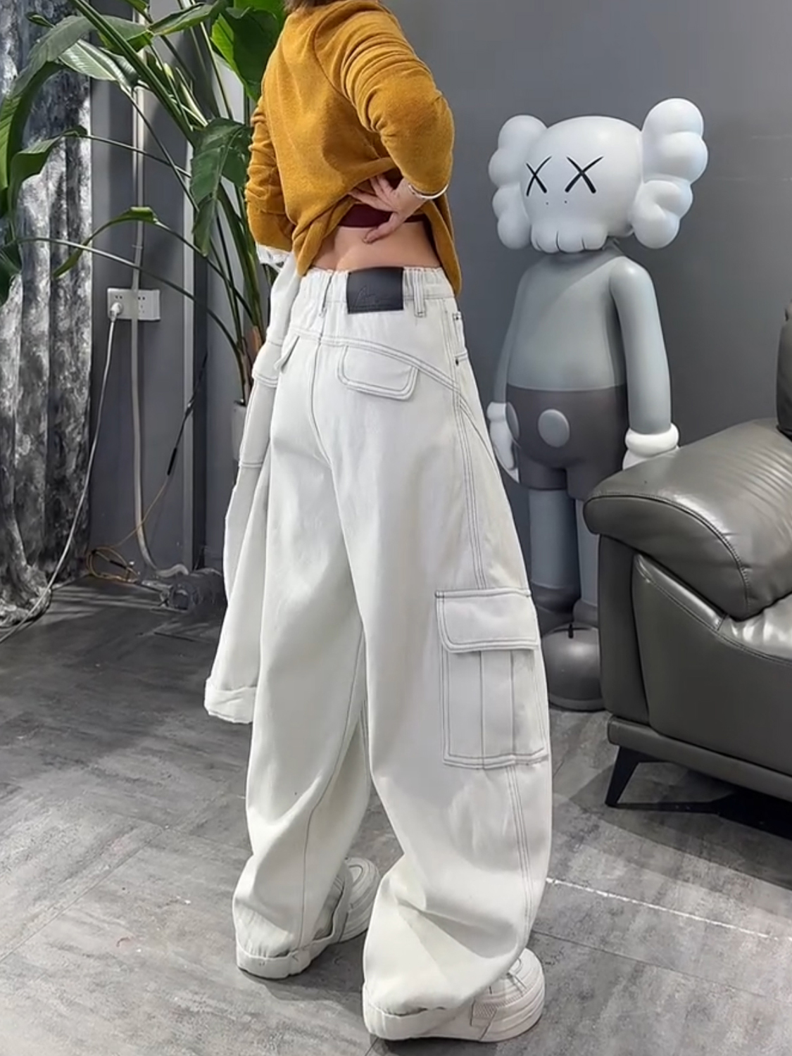 2025秋冬大口袋工装裤子胖mm高腰显瘦阔腿裤女大码加绒弯刀牛仔裤