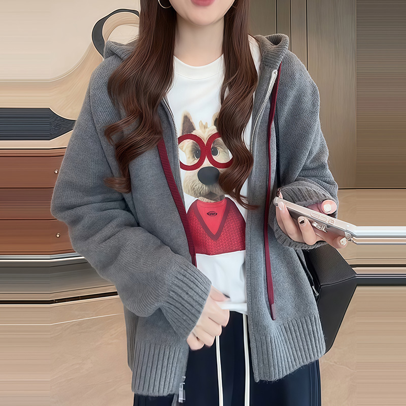 韩系慵懒风灰色连帽拉链针织外套女秋季新款宽松显瘦毛衣开衫上衣